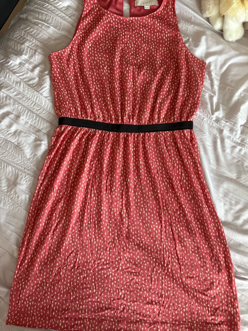 LOFT Coral-Pink Printed Sleeveless Midi Dress with Black Waistband